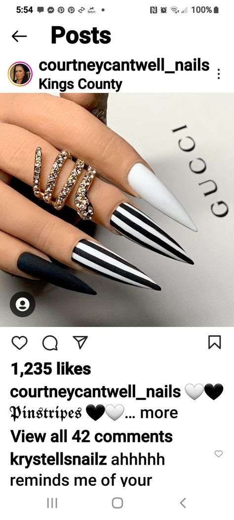 Black White Stripe Nails, Pinstripe Nail Designs, Black And White Stripe Nails, Black And White Stiletto Nails, Pinstripe Nails, Adidas Nails, White Stiletto Nails, Striped Nail Designs, Black Almond Nails