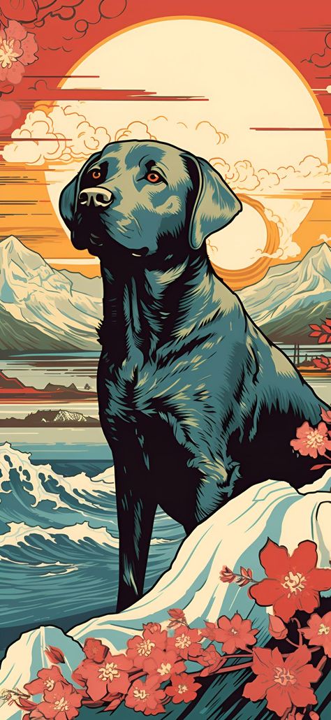 Aesthetic Wallpaper iPhone and aesthetic wallpaper Android, generative art featuring a Black Labrador in Ukiyo-E style near the waves with the sun in the background. Black Labrador Puppy, Black Labs Dogs, Labrador Art, Puppy Drawing, Gym Art, Aesthetic Wallpaper Iphone, Puppy Art, Funny Iphone Wallpaper, Lab Dogs