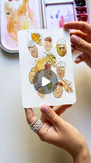 Anna Koliadych on Instagram: "A quick and fun fall project: Painting cute acorns with watercolor and black ink liner 🍂🥰🎨 #watercolor #crafts #diy #watercolorpainting #artprocess #watercolorillustration #inspiration #artinspiration" Fall Watercolor Cards, Watercolor Crafts, Acorn Painting, Painting Cute, Art Sketches Doodles, Fall Watercolor, Fall Projects, Process Art, Watercolor Cards