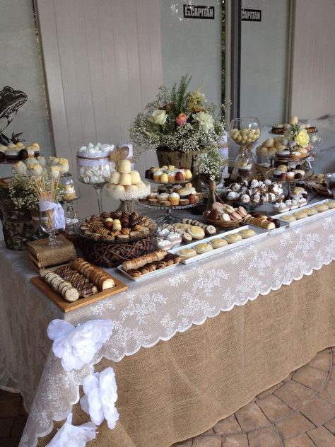 Burlap Dessert Table Ideas, Rustic Wedding Candy Table, Rustic Wedding Sweets Table, Rustic Anniversary Decor, Rustic Party Table Decor, Rustic Brunch Decor, Rustic Candy Table, Wedding Buffet Table Decor, Rustic Buffet Table