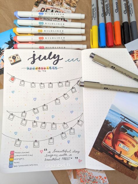 Retro summer mood tracker w mildliners Preppy Mood Tracker, Summer Mood Tracker, July Mood Tracker, Mood Journal, Bullet Journal Ideas Templates, Bullet Journal Mood, Bullet Journal Themes, Summer Mood, Journal Themes