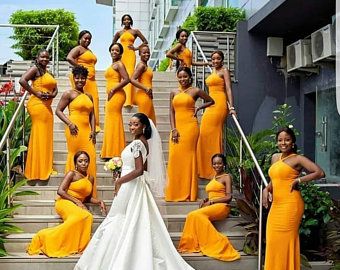 Bridal Train Dresses, Mismatched Wedding, Bridal Train, Cheap Long Bridesmaid Dresses, Yellow Mermaid, Cheap Bridesmaid Dresses Online, African Traditional Wedding Dress, Mermaid Bridesmaid, Wedding Party Outfits