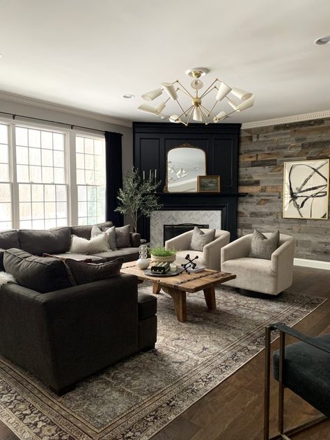 Mood Board Monday: Family Room Refresh Black Couch Family Room, Family Room Dark Couch, Living Room Design Dark Couch, Living Room Ideas With Dark Floors, Living Room With Dark Sectional, Modern Organic Living Room Dark Couch, Family Room Dark Wood Floors, Dark Living Room Couch, Dark Accents Living Room