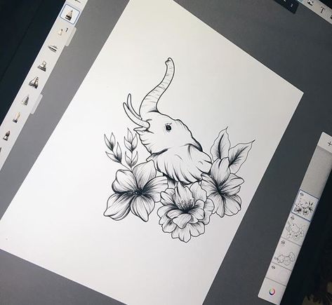 😍🐘 Elephant Blowing Flowers Tattoo, Elephant Art Tattoo, Cute Elephant Tattoo, Plumeria Tattoo, Grandma Tattoos, Jewel Tattoo, Orchid Tattoo, Elephant Tattoo Design, Virgo Tattoo