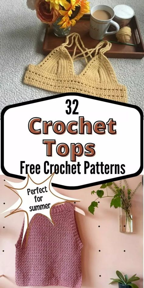 This roundup of 32 free crochet top patterns has something for everyone. It includes simple halter, crop and short sleeve tops which are perfect for summer. Crochet Tank Tops Free Patterns, Chic Crochet Top, Crochet Tank Top Free, Crochet Shirt Pattern, Crochet Halter Top Pattern, Summer Top Pattern, Crochet Tee, Diy Tank, Easy Crochet Animals