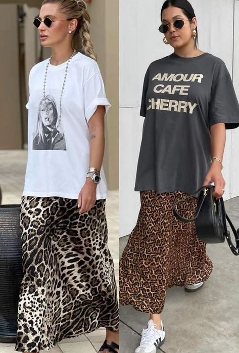 Covered Up Summer Outfits, Oversized Vintage Tshirt Outfit, Vintage Tshirt Outfit, Leopard Print Street Style, Leopard Print Outfits, Leopard Print Skirt, Animal Print Skirt, Eclectic Fashion, Casual Chic Outfit