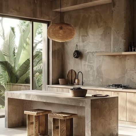 🔥 Draw Inspiration for this fabulous interior (sourced) @provinterior8 #hospitality #paintedfurniture #paintedkitchencabinets #bnb #luxurylifestyle #lodge #polishedconcrete #painteffects #renovating #decorativeconcrete #decorativepainting #building 📞 Halina 082-516 7248 📞 Dave 073-221 5151 📌 Port Elizabeth/GQ 💻 providenceinteriors.co.za Cement Wood Kitchen, Tulum Interior Design Kitchen, Brutalist Kitchen Design, Tulum Kitchen Design, Bali Interior Design Inspiration, Organic Kitchen Design, Concrete Farmhouse, Wabi Sabi Kitchen, Earthy Kitchen