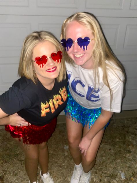 Holloween Costume Ideas 2 Girl, Hot And Cold Halloween Costumes Duo, Fire Vs Ice Costume, Spicy And Icy Costume, Ice And Hot Costumes, Fire And Ice Outfits, Fire Vs Ice Spirit Week, Ice And Fire Halloween Costume, Cute Best Friend Halloween Costumes For 2