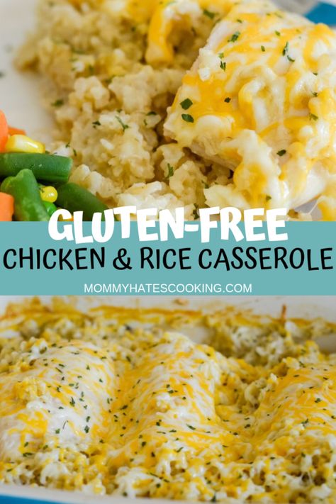 Gluten Free Chicken Casserole, Cheesy Chicken And Rice Casserole, Cheesy Chicken And Rice, Gluten Free Casserole, Gluten Free Chicken Recipes, Chicken And Rice Casserole, Chicken Rice Casserole, Gluten Free Recipes For Dinner, Gluten Free Rice