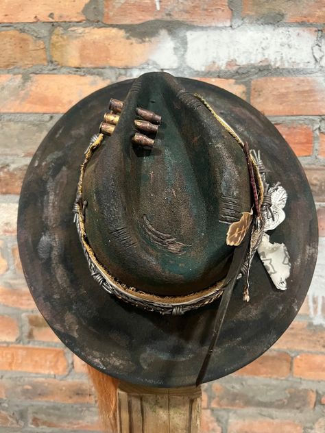 Country Legends Custom Designed, Burned, Distressed Western Hat - Etsy Distressed Country Hat With Curved Brim, Rustic Distressed Hat With Flat Brim, Rustic Distressed Hat For Western-themed Events, Distressed Western Fedora Hat, Distressed Flat Brim Hat For Western-themed Events, Cowboy Hat Bands, Custom Cowboy Hats, Boho Hat, Western Hats