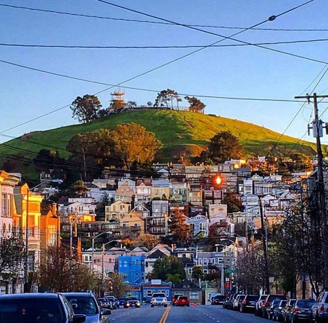 Bernal Heights from the Mission District Bernal Heights San Francisco, Mission District San Francisco, Environment References, City Pics, California State Flag, California Missions, Mission District, Living In San Francisco, Summer 19