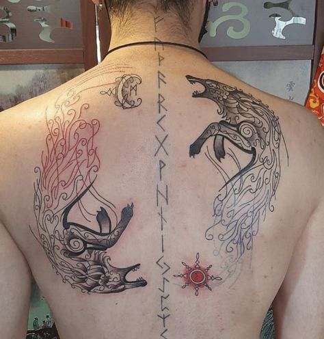 Symbols Tattoos, Skoll And Hati, Norse Mythology Tattoo, Pagan Tattoo, Arte Viking, Viking Tattoo Symbol, Tattoo Chest, Rune Tattoo, Magic Tattoo