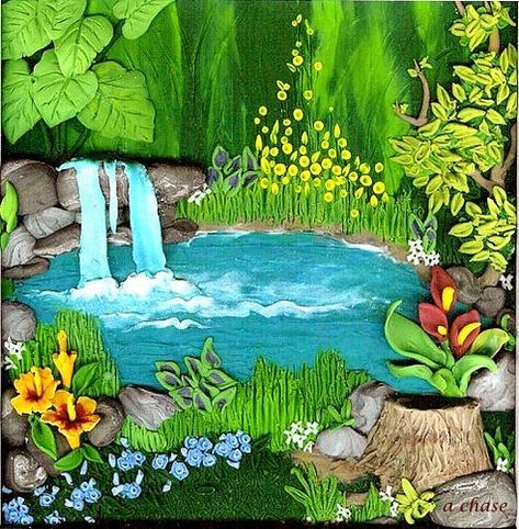 Polymer clay landscape sculpture Clay Landscape Model, Pond Landscape Drawing, Clay Landscape, Pond Clay Art, Pond Landscaping Drawing, Painting Pond Water, Pond Landscaping Painting, Paper Roses Diy, Ponds