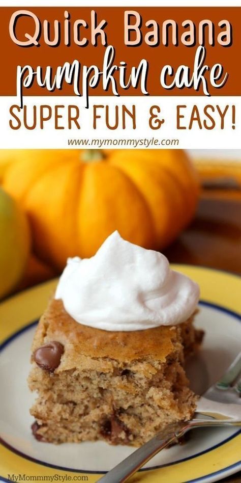 This banana pumpkin cake recipe from My Mommy Style is a fun, easy, and healthy snacking option for Fall! This cake comes out tasting super moist and delicious, with a lot less calories that a traditional pumpkin pie would have. Try this perfect Fall dessert today! Pumpkin Cake Recipe, Traditional Pumpkin Pie, Pumpkin Yogurt, Whipped Yogurt, Healthier Alternatives, Pumpkin Cake Recipes, Traditional Pumpkin, Pumpkin Banana, Healthy Snacking