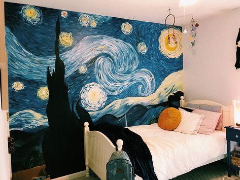 Starry Night Mural Bedrooms, Starry Night Painting On Wall, Starry Night Parking Spot, Starry Night Room Decor, Starry Night Wall Painting, Starry Night Mural, Bedroom Mural Ideas Paint, Starry Night Room, Starry Night Bedroom