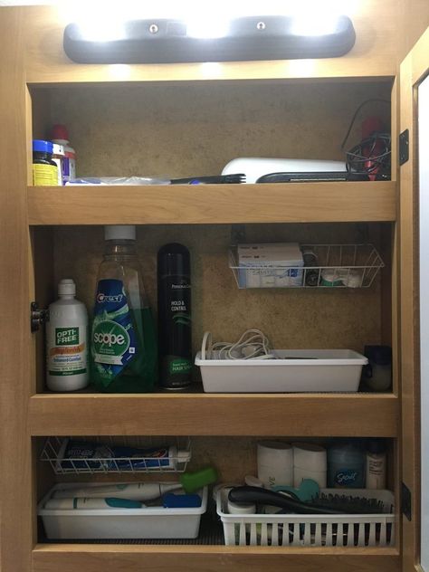 Organization bathroom storage Ideas and accessories. #bathroomstorageaccessories Rv Medicine Cabinet, Motorhome Organization, Trailer Bathroom, Rv Living Organization, Rv Cabinets, Rv Inspiration, Top Bathroom Design, Medicine Cabinet Organization, Rv Bathroom