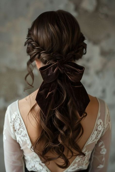 Mostly Up Bridesmaid Hair, Braids Brunette Hair, Colors That Look Good With Brown Hair Clothes, Hairstyles For Wrap Dress, Cute Hairstyles For Dark Brown Hair, Pretty Long Brown Hair, Elegant Women Hairstyles, Bridesmaid Hair Bow, Vintage Inspired Hairstyles