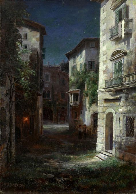 Strange Dreams, Hyper Realistic Paintings, Moonlight Painting, Italian Street, Gustave Courbet, Night Pictures, Architecture Painting, Realistic Paintings, A4 Poster