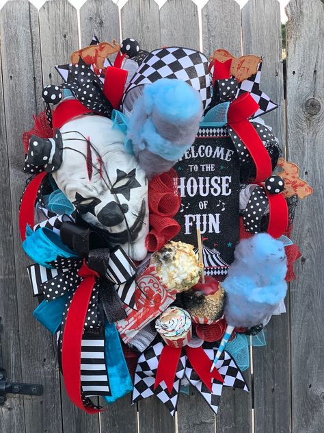 Excited to share this item from my #etsy shop: Halloween Wreath For Front Door, Scary Clown Wreath, Haunted House Decor, Spooky Circus Halloween Decor, Trick or Treat Wreath Outdoor Decor Horror Movie Wreath, Spooky Circus, Clown Wreath, Twisted Circus, Scary Clown Makeup, Wreath Inspiration, Halloween Circus, Scream Halloween, Halloween Beauty