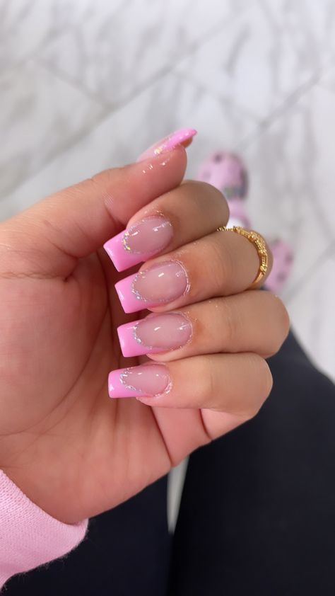 Cute Acrylic Pink Nails, French Tip 1.5, Small Medium Nails Acrylic, Summer Nail Inspo French Tip Square, Medium Length Nail Designs Summer, Girly Square Nails, Mid Coffin Acrylic Nails, Prom Nails For Pink Dress Sparkle, Glitter French Tips Square