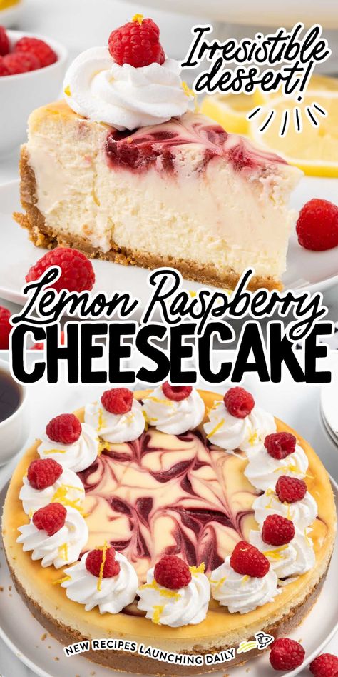 Lemon Raspberry Cheesecake Homemade Raspberry Cheesecake, Strawberry Lemon Cheesecake, Cheesecake Treats, Lemon Raspberry Cupcakes, Lemon Raspberry Cheesecake, Cheese Desserts, Raspberry Swirl Cheesecake, Cheesecake Bar Recipes, Homemade Cheesecake