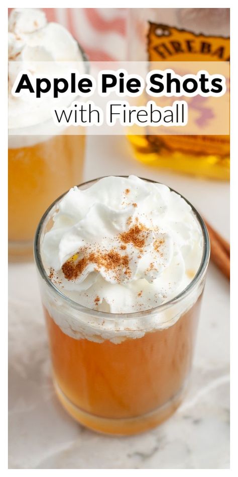 Shot glass with drink and whipped cream. Apple Pie Cocktail Fireball, Pumpkin Pie Alcoholic Drink, Fall Shots Recipes, Fireball Pumpkin Pie Shots, Apple Pie Alcohol Recipe, Hot Apple Pie Cocktail, Easy Fall Shots, Baileys Apple Pie Recipes Drinks, Apple Shots Alcohol