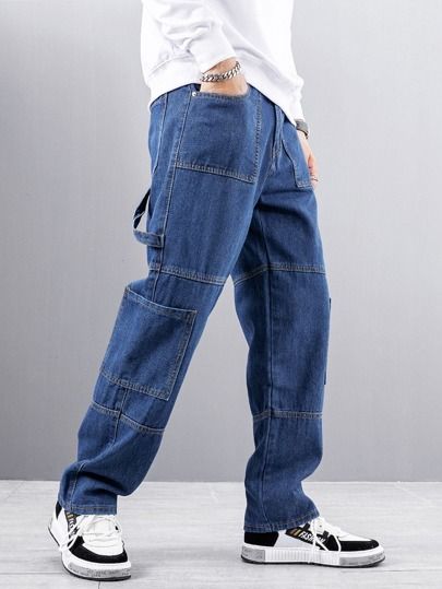 Men Patched Pocket Strap Detail Cargo Jeans | SHEIN USA Jean Cargo Pants Outfit, Loose Jeans Outfit, Blue Jeans Outfit Men, Mens Outfits Streetwear, Cargo Pants Outfit Men, Red Shirt Men, Jeans Outfit Men, Blue Jean Outfits, Pants Outfit Men