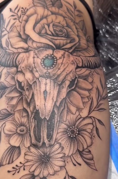 Western Tattoos For Women Ribs, Women S Tattoos, Upper Thigh Cover Up Tattoo Women, Cow Skull Sleeve Tattoo, Upper Thigh Sleeve Tattoo Women, Indian Skull Tattoo Design, Badass Thigh Tattoos For Women, Ranchero Tattoo, Woman Thigh Tattoos Unique