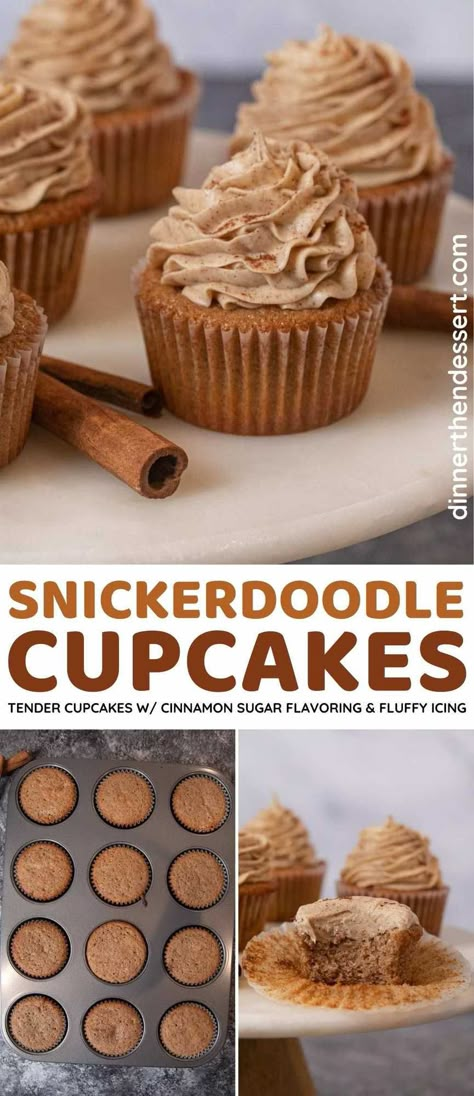 Snickerdoodle Cupcakes have all the cinnamon sugar goodness of classic cookies in cupcake form with a creamy cinnamon buttercream frosting. Easy Snickerdoodle Cupcakes, Cookie Flavored Cupcakes, Easy Fall Themed Cupcakes, Snicker Doodle Cupcakes Recipes, Snickerdoodle Cupcakes Recipe, Gluten Free Snickerdoodle Cupcakes, Snickerdoodle Cupcakes Box Cake, Fall Baking Cupcakes, White Cupcakes Decoration