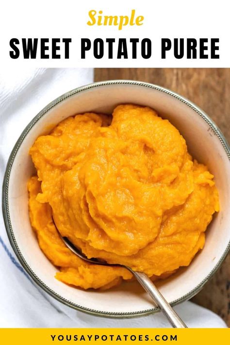 Dish of pureed sweet potato. Sweet Potato Puree Baby, Potato Puree Recipe, Sweet Potato Puree, Easy Sweet Potato, Vegetable Side Dishes Recipes, Homemade Condiments, Potato Puree, Easy Party Food, Easy Side Dish