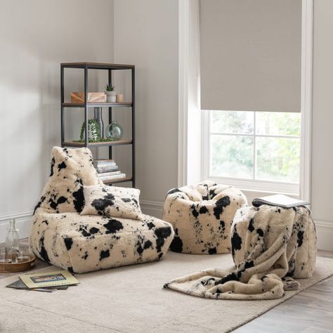 Faux Cow Hide Black Cube | Dunelm Cow Print Bean Bag, Bean Chair, Cowhide Cushions, Cowhide Chair, Flat Decor, Faux Cowhide, Leather Factory, Black Cushions, Aesthetic Rooms