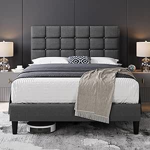 Lattice Headboard, Modern Queen Bed, Modern Upholstered Beds, Bed Base Frame, Bed Platform, Queen Upholstered Bed, Fabric Headboard, Strong Legs, Double Bed Frame