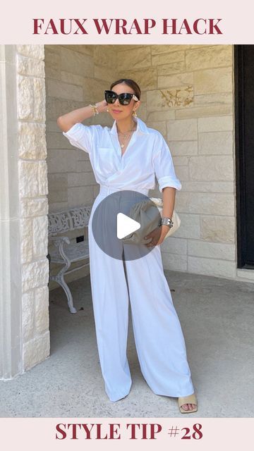 Samantha Stewart ✨ Timeless Luxury Classic Style 🩺 DFW 40+ Style on Instagram: "Here’s how you’re going to get 2x the use from that white shirt in your closet 👇🏻
⠀⠀⠀⠀⠀⠀⠀⠀⠀
WEAR IT AS A WRAP TOP:
🤍 Button one button as an anchor
🤍 Wrap the bottom layer around
🤍 Don’t forget to continue around the back
🤍 Wrap the top layer
🤍 Pop the collar
✨ You are GOOD to go!✨
⠀⠀⠀⠀⠀⠀⠀⠀⠀
WOULD YOU TRY THIS⁉️
⠀⠀⠀⠀⠀⠀⠀⠀⠀
♻️#sustainablestyle 🌿
Similar look here & in bio 👉🏼 https://liketk.it/3Q0Jh
⠀⠀⠀⠀⠀⠀⠀⠀⠀
(*past season)
@djerfavenue top
@flairgoods_ earrings*
@aliceandolivia pants*
@newbottega clutch* & heels via @neimanmarcus 
@hermes cuff*
⠀⠀⠀⠀⠀⠀⠀⠀⠀
Stay GLAM, Do Good 😘💋 Rxoxo, Sam
⠀⠀⠀⠀⠀⠀⠀⠀⠀
#styleofsam #makesustainablestyleGLAM #whitebuttondown #stylereel #stylehacks #fashionmonth" White Timeless Top With Button Cuffs, Satin Top With Spread Collar And Button Cuffs, Classic White Satin Blouse, Long Sleeve Satin Blouse With Button Cuffs, Satin Button-up Shirt With Button Cuffs, White Blouse Outfit, White Button Down, White Blouse, Blouse Outfit