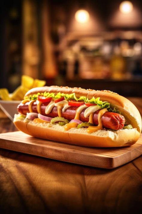 Delicious hotdog, sausage in bread close-up with French fries. Fast food. Menu royalty free stock photo Hot Dog Aesthetic, Fast Food Photography, Hot Dogs Negocio Ideas, Hot Dog Photography, Hot Dog Food Photography, French Hot Dog, Hot Dog Image, Hot Dog Sandwich, Hod Dog