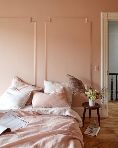 Benjamin Moore France Odessa Pink, Pale Pink Bedrooms, Peach Bedroom, Pink Interior, Pink Bedroom, Pink Room, Bedroom Paint, Linen Duvet, Pink Walls