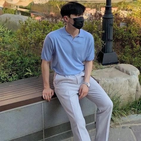 Korea Casual Outfit, Outfit Kondangan Cowok, Casual College Outfits Men, Outfit Cowok Korea, Blue Polo Shirt Outfit Men, Blue Polo Outfit Men, Outfit Palette, Light Blue Shirt Outfit, Blue Shirt Outfit Men