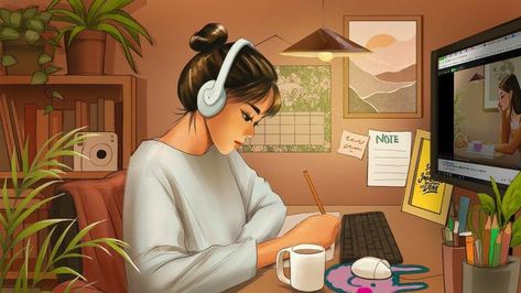 Busy In Study Dp, Tomboy Art, Study Music, Instagram Cartoon, Music Cartoon, Cute Bunny Cartoon, Music Drawings, Music Illustration, Relaxing Art