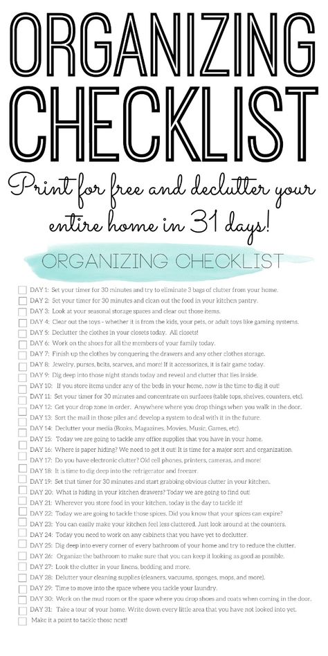 Print this organizing checklist to declutter your home in just 31 days! Organizing Checklist, Organization Checklist, Declutter Home, Country Chic Cottage, Print Outs, Konmari Method, House Cleaning Checklist, Declutter Your Life, Household Cleaning Tips