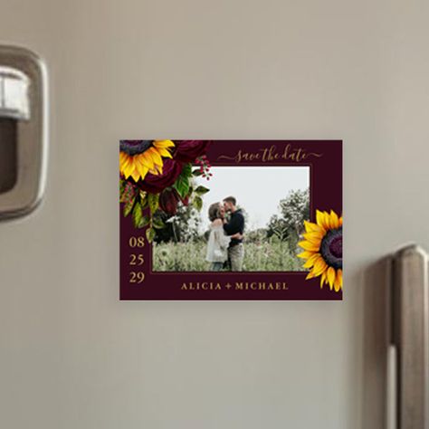 Sunflower roses rustic script save date wedding magnetic invitation Red Burgundy Wedding, Save Date Wedding, Rustic Wedding Save The Dates, Burgundy Roses, Sunflowers And Roses, Gold Chic, Rustic Save The Dates, Wedding Magnet, Frame Making