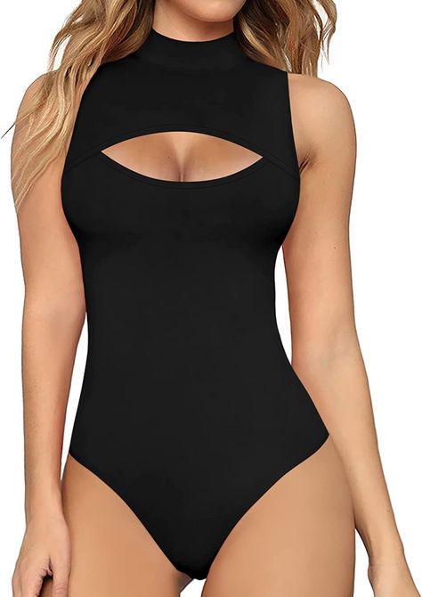 This mock neck cutout front bodysuit for women is made of soft, breathable, stretchy, high-quality fabric. Tanga Bottom fashion bodysuit for women for going out, 2 snap buttons butt closure at the crotch. Tank Top Bodysuit, Bodysuit Tops, Bodysuit Jumpsuit, Fashion Bottoms, Cutout Bodysuit, Suit For Women, Bodysuit Fashion, Sleeveless Bodysuit