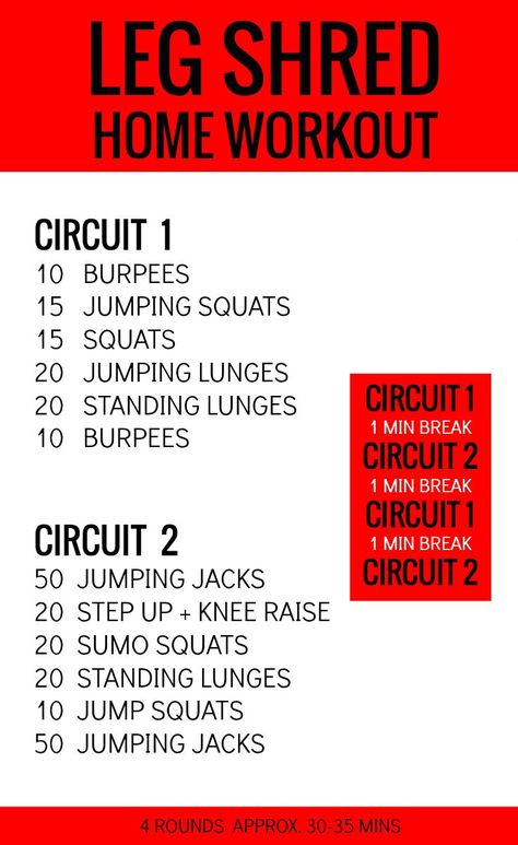 At Home Leg Workout - Get your legs shredded with this insane circuit.  Easy to customize to fit your fitness needs.  Get video demonstrations on the blog! Inner Leg Workout, At Home Leg Workout, Home Leg Workout, Wods Crossfit, Workout Circuit, Workout Man, Leg Workout At Home, Circuit Workout, Zumba Fitness