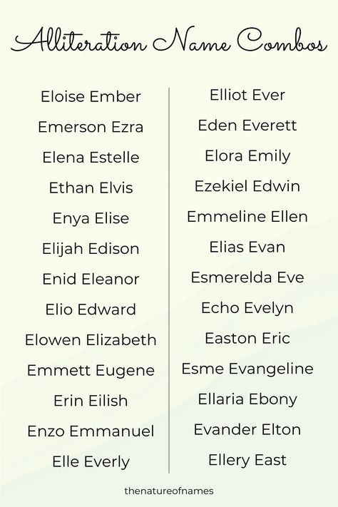 Looking for a first and middle name combo with alliteration? These names starting with E are excellent options!
#alliterationnames #names #babynames #characternames #enames #namesstartingwithe First And Middle Names, Boy Girl Names, Middle Names, Writing Things, Fantasy Names, Aesthetic Names, Pretty Names, Name Inspiration