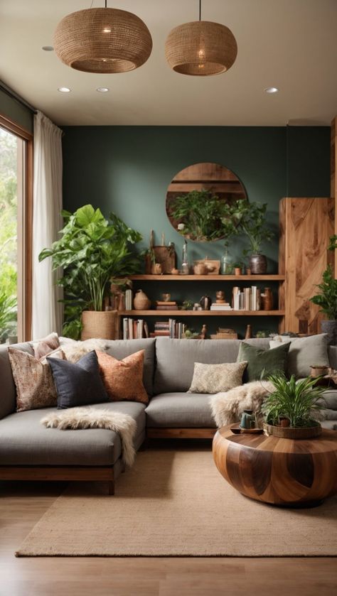 Green Living Room Plants, Grey Tan And Green Living Room, Coffee Living Room Ideas, Cozy Living Room Green Walls, Living Room Olive Green Walls, Modern Lounge Design Living Rooms, Natural Green Living Room, Green Living Room Grey Sofa, Small Living Room Decor Ideas Farmhouse