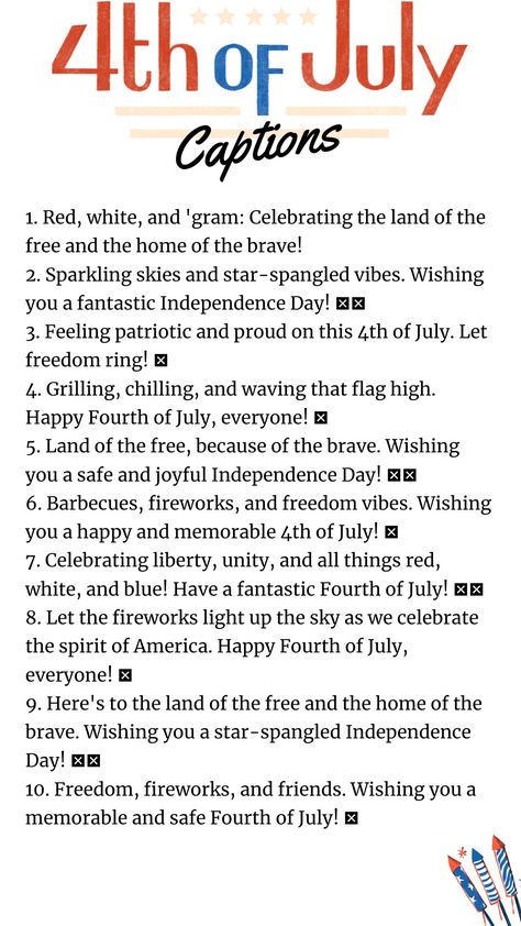 #july #4th #thofjuly #independenceday #fourthofjuly #happy #julyfourth #redwhiteandblue #america #patriotic #starsandstripes #redwhiteblue #independence #thweekend #unitedstates #usa #fireworks #happyindependenceday #godblessamerica #ofjuly #americanflag #happybirthdayamerica #happyfourthofjuly #landofthefree #happyfourth #letfreedomring #fourthofjulyweekend #american Fourth Of July Captions, Fourth Of July Captions For Instagram, 4th Of July Instagram Captions, Body Positive Quotes, Instagram Planner, Selfie Captions, Happy Birthday America, Cute Instagram Captions, Happy Fourth Of July