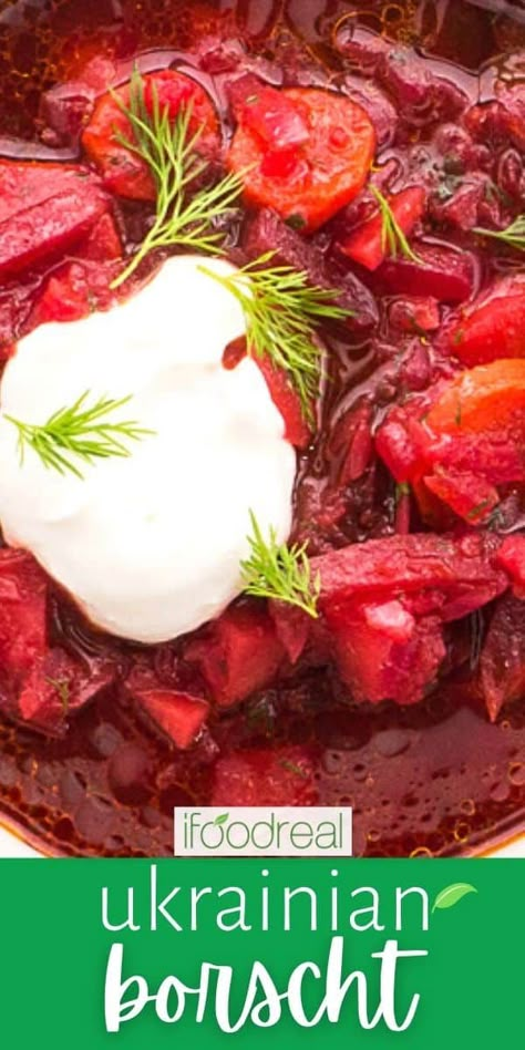 Ukrainian Borscht is a simple sweet and sour soup made with beets, cabbage and dill. This easy soup recipe will be one of the most healthy and delicious vegetarian soups you have ever tried! Recipe For Borscht Soup, Borsh Soup Recipes, Borsch Soup, Best Borscht Soup Recipe, Borscht Recipe Vegetarian, Borscht Soup Recipe Ukraine, Beet Soup Recipes Borscht, Vegetarian Borscht Soup, Beet Borscht Ukrainian