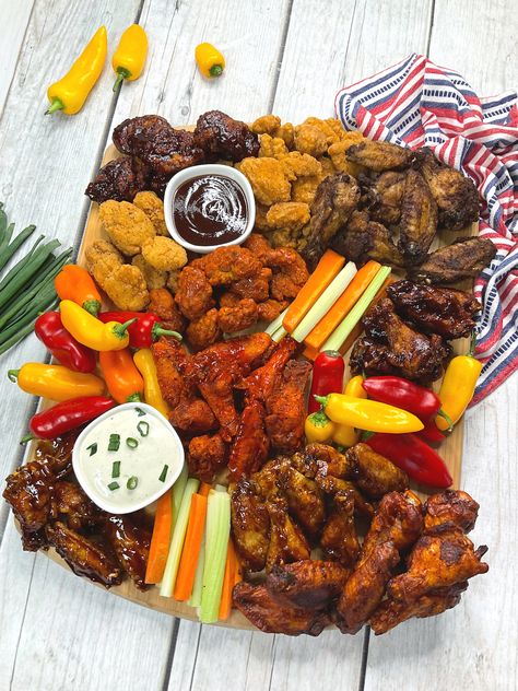 If you are into fun charcuterie boards then you have to try a Chicken Wing Charcuterie Board! Perfect for feeding a crowd at a game or party. Chicken Wings Charcuterie Board Ideas, Charcuterie Board Chicken Wings, Chicken Tender Charcuterie Board, Chicken Wing Charcuterie Board Ideas, Wing Charcuterie Board Ideas, Chicken Wing Charcuterie Board, Wings Charcuterie Board, Chicken Wing Platter, Wing Charcuterie Board