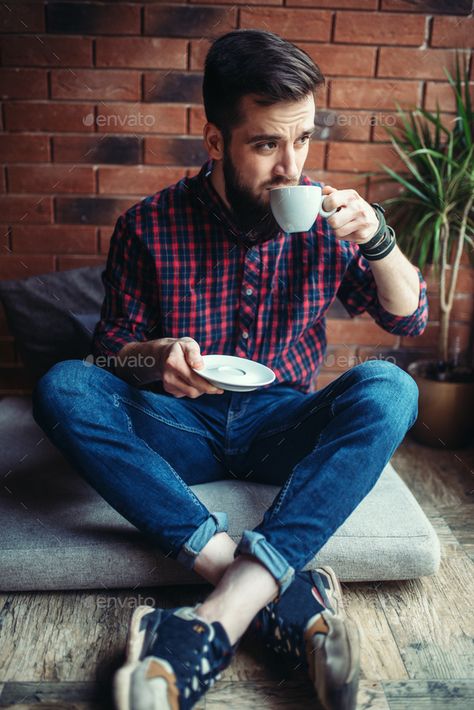 Person Drinking Coffee Reference, People Drinking Coffee, Bookstore Cafe, Home Portrait, Coffee Girl, Man Sitting, Person Sitting, Aesthetic Coffee, Human Poses