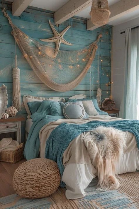 Beach Themed Bedroom Ideas For Adults, Beachcore Bedroom, Cute Ocean Room Ideas, Beach Bed Rooms, Beach Vibe Room Bedrooms, Mermaidcore Aesthetic Room, Themed Bedrooms For Adults, Beach Theme Room Ideas, Beach Room Makeover