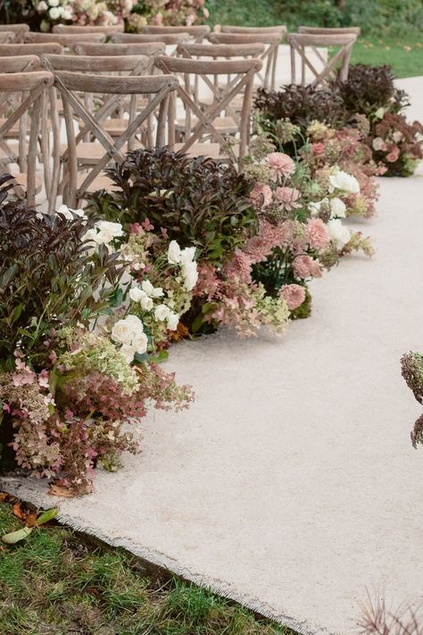 Wedding Ceremony Stairs, Indoor Wedding Flowers, Ceremony Floor Arrangement, Subtle Tropical Wedding, Ground Wedding Flowers, Alter Wedding Decor, Chapel Aisle Decorations Wedding, Whimsical Garden Reception, Smokebush Wedding