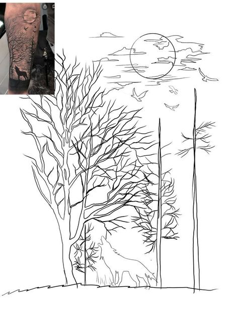 Tree Tattoo Stencil Outline, Forest Tattoo Stencil, Forest Forearm Tattoo, Tree Silhouette Tattoo, Lion Art Tattoo, See Tattoo, Lion Tattoo Sleeves, Wolf Tattoo Sleeve, Realistic Tattoo Sleeve